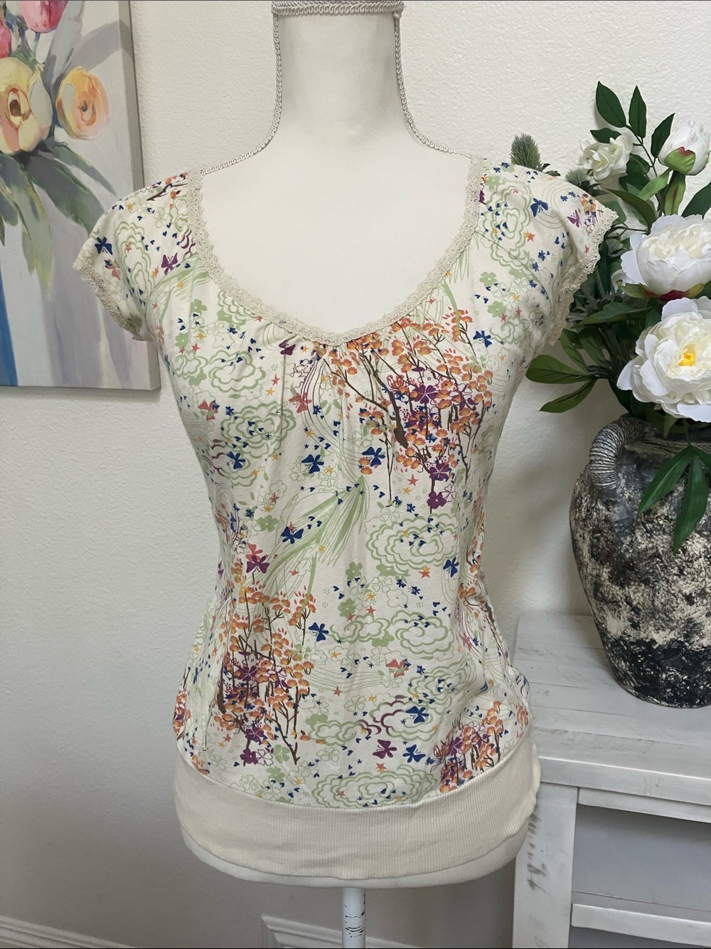 Y2k Fairycore Self Esteem Cream Floral Lace-Trim V-Neck Top